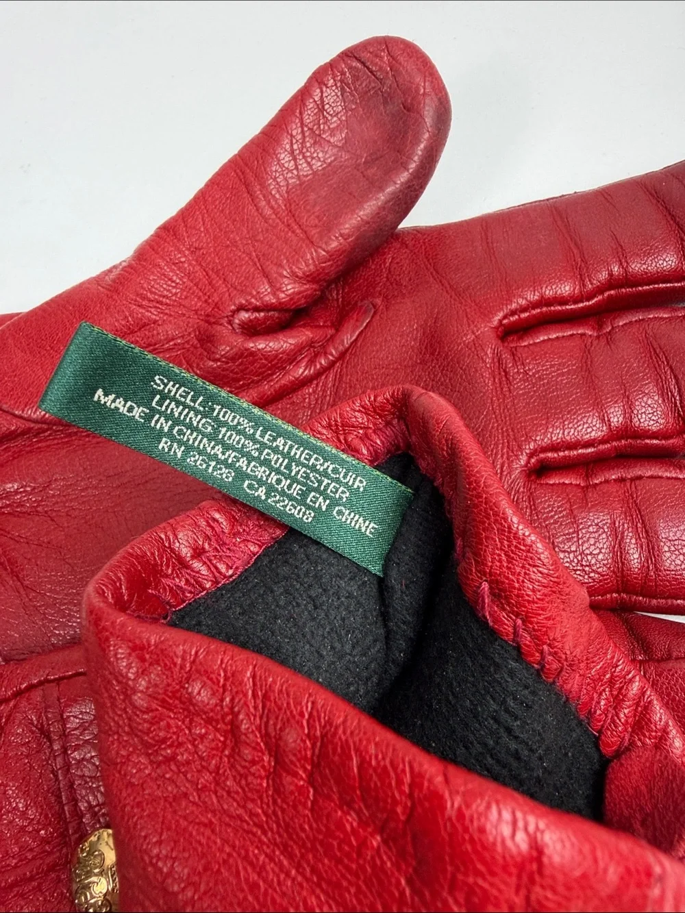 Lauren Ralph Lauren Vintage Red Leather Gloves Size Large Gold Button Details
